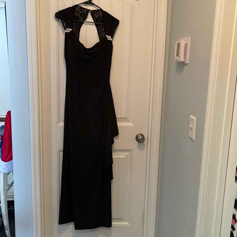 R&M Richards long black dress with lace and rhinestone embellishments, sz 12